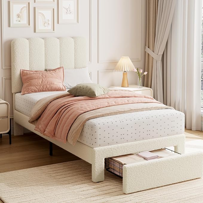 GarveeHome Twin Bed Frame with Under-Bed Drawer, Upholstered Platform Bed with Wave Headboard for Kids/Girls, Wooden Slats Support, No Box Spring Needed, Boucle Beige, 2 Sets