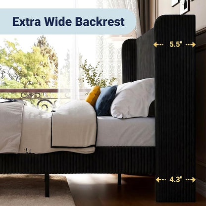 Allewie King Size Bed Frame with Upholstered Wingback Headboard, Vertical Channel Tufted Corduroy Velvet Platform Bed, Strong Wooden Slats Support, No Box Spring Needed, Easy Assembly, Black
