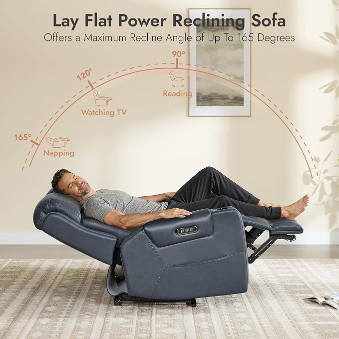 Watson & Whitely Genuine Leather Power Reclining Sofa, 3-Seater Lay Flat Recliner Sofa with Power Headrest, Cup Holders, USB & Type-C Ports, Electric Reclining Couch for Living Room, Navy Blue