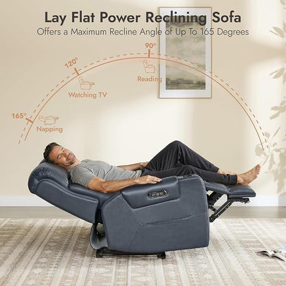 Watson & Whitely Genuine Leather Power Reclining Sofa, 3-Seater Lay Flat Recliner Sofa with Power Headrest, Cup Holders, USB & Type-C Ports, Electric Reclining Couch for Living Room, Navy Blue