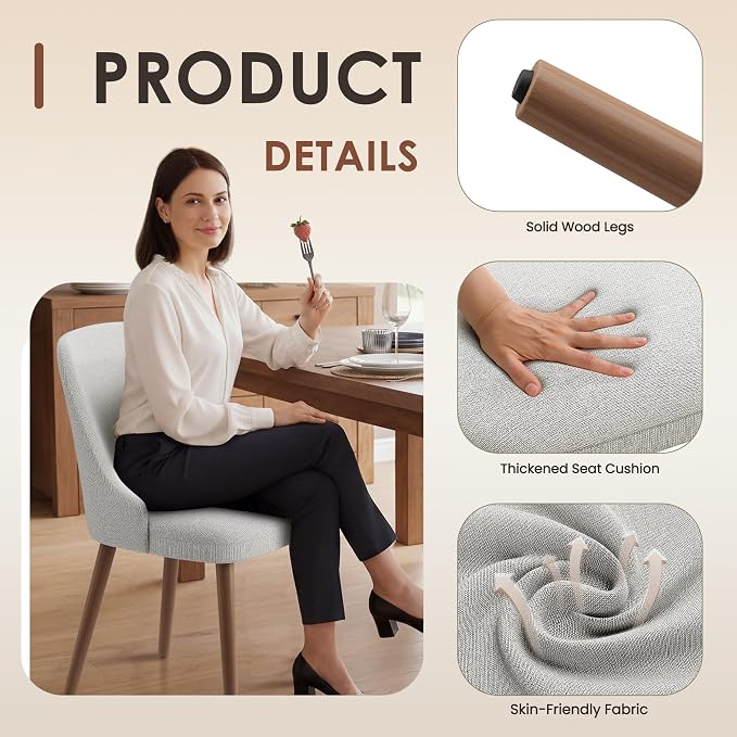 MALOL Dining Chairs Set of 6, Upholstered Dining Room Chair with Wood Legs, High-Back Padded Kitchen Chairs for Dining Room/Restaurant/Cafe, Light Grey