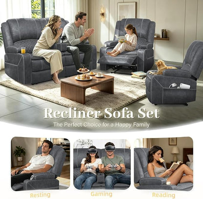 Yolsali Loveseat Recliner Sofa Set with 2-Tier Cushion, 2+1+1 Pieces in Living Room, 2 Seater Reclining Loveseat Velvet Fabric with Removable Console, 2 Oversize Recliner Chair Sofa Seat - Grey