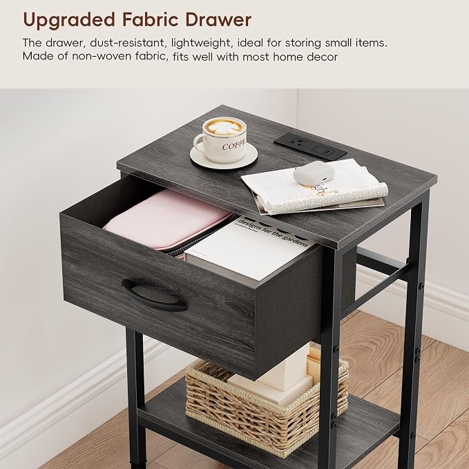 Vagusicc Nightstand Set of 2 with Charging Station, Bed Side Table with Fabric Drawer, Small End Table with 2-Tier Open Shelves, 25.4" Tall Night Stand Bedside Table for Bedroom Living Room, Black Oak