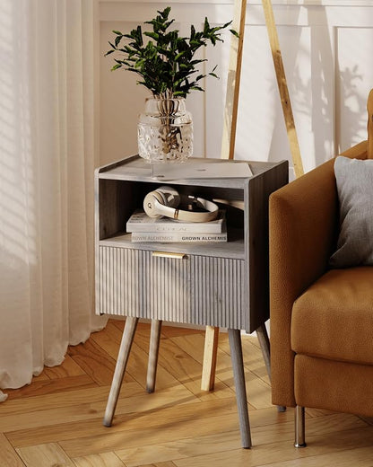 JOONEE Nightstand,Modern Bedside Table with Storage Drawer and Open Wood Shelf, for Living Room, Bedroom and Small Spaces, Accent Night Stand with Solid Wood Legs, Easy Assembly,Grey Oak
