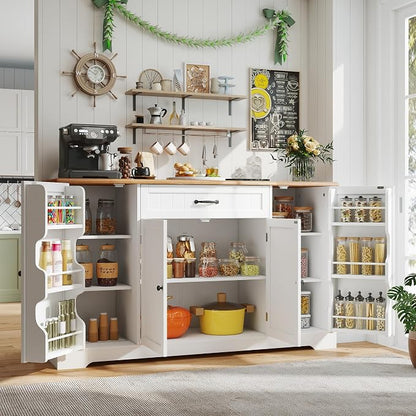 Gizoon 56" Kitchen Coffee Bar Cabinet with Storage Kitchen Sideboard Buffet Cabinet with Drawers, Short Pantry with Door and Shelves for Bathroom and Living Room, Painted White and Rustic