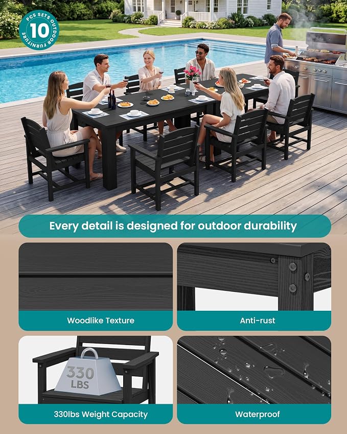 SERWALL HDPE Dining Set for 8: 2 Umbrella Hole Tables + 8 Chairs. for Garden, Backyard, Poolside. Black