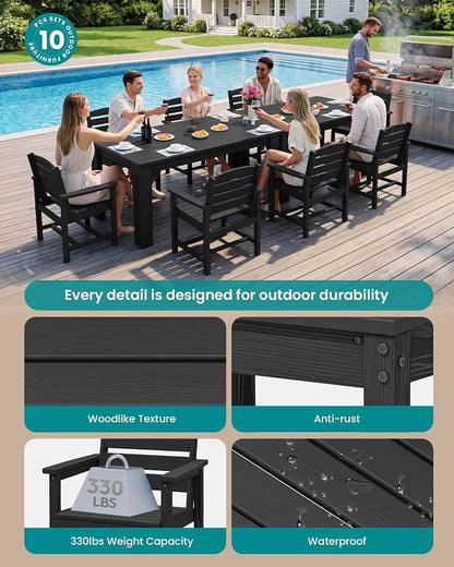 SERWALL HDPE Dining Set for 8: 2 Umbrella Hole Tables + 8 Chairs. for Garden, Backyard, Poolside. Black
