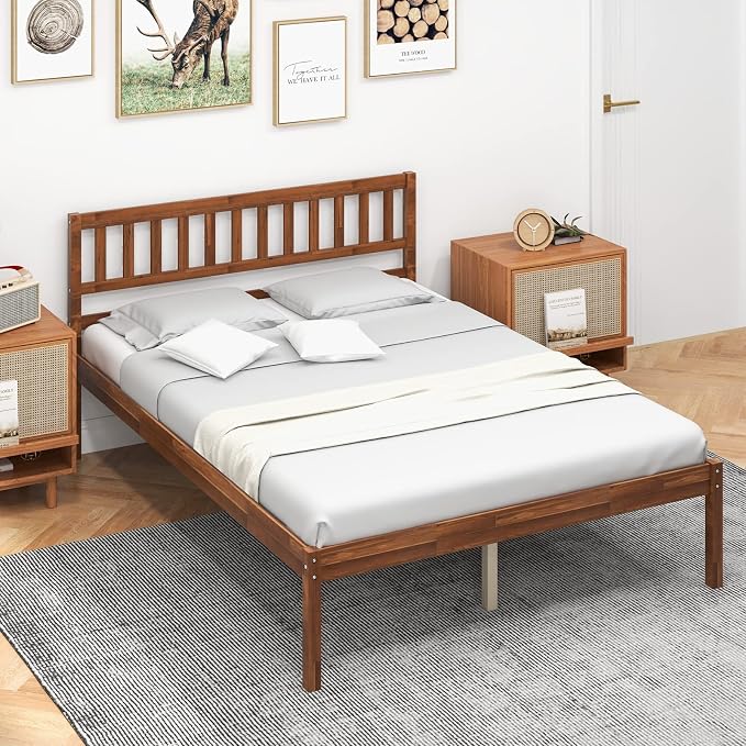 Giantex Wood Full Size Bed Frame with Headboard, Mid Century Solid Wood Bed with Slat Support, No Box Spring Needed, Double Bed Frame with 16" Under Bed Storage, Walnut