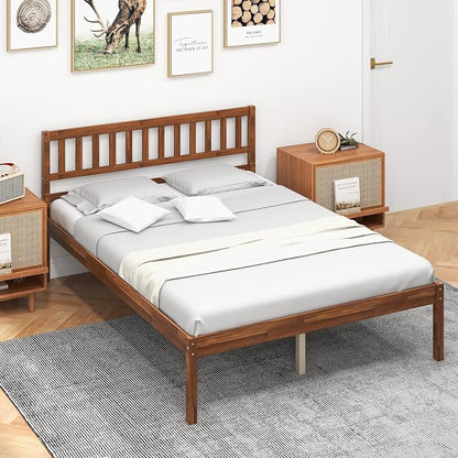 Giantex Wood Full Size Bed Frame with Headboard, Mid Century Solid Wood Bed with Slat Support, No Box Spring Needed, Double Bed Frame with 16" Under Bed Storage, Walnut