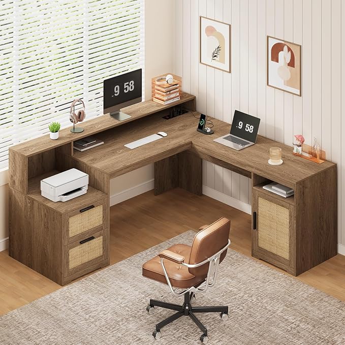 YOMILUVE 63" Farmhouse L Shaped Executive Desk with Drawers & Storage Shelf, Corner Rattan Computer Desk with Power Outlets, L Shaped Office Desk with Monitor Stand, Printer Shelf