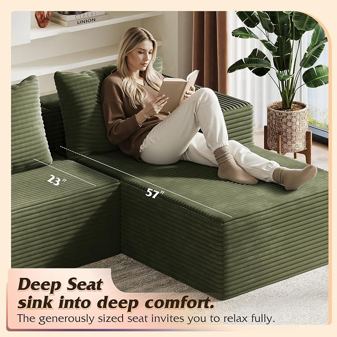 WLIVE 104'' Cloud Sectional Couches for Living Room, Modular Boneless Couch with Left Facing Chaise, L Shape Memory Foam Corduroy, with Cushion, Green