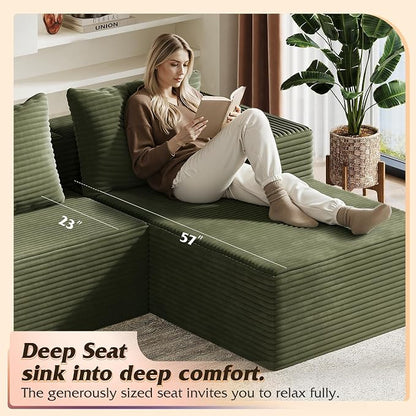WLIVE 104'' Cloud Sectional Couches for Living Room, Modular Boneless Couch with Left Facing Chaise, L Shape Memory Foam Corduroy, with Cushion, Green