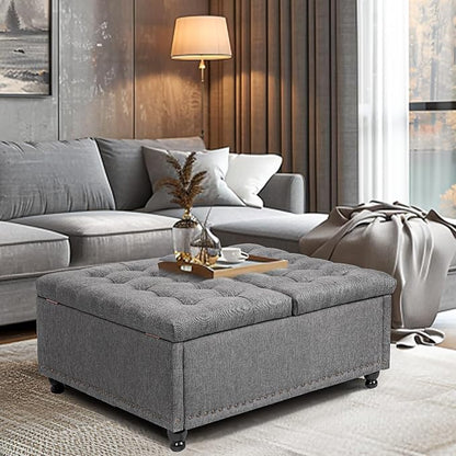 Redlife 35 Inch Large Square Storage Ottoman, Storage Ottoman Coffee Table with Lift Top Linen Ottomans Bench Square Footrest Oversized Upholstered Coffee Table for Living Room Bedroom (Dark Grey)