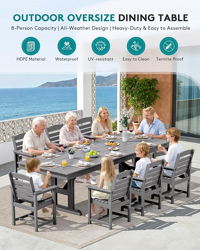 SERWALL 10 Piece 84" HDPE Outdoor Dining Set for 8 with 15ft Double-Sided Umbrella, Gray