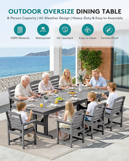 SERWALL 10 Piece 84" HDPE Outdoor Dining Set for 8 with 15ft Double-Sided Umbrella, Gray