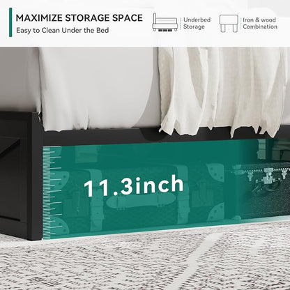 YITAHOME Queen Size Bed Frame with Storage Headboard and Large Under Bed Storage, Upholstered Platform with Charging Station and LED Light, No Box Spring Needed, Noise Free, Charcoal Black