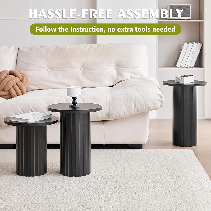 Round Side Tables Set of 3, Circle Modern Fluted Nesting Coffee Table, Accent End Table Set for Living Room and Bedroom, Black