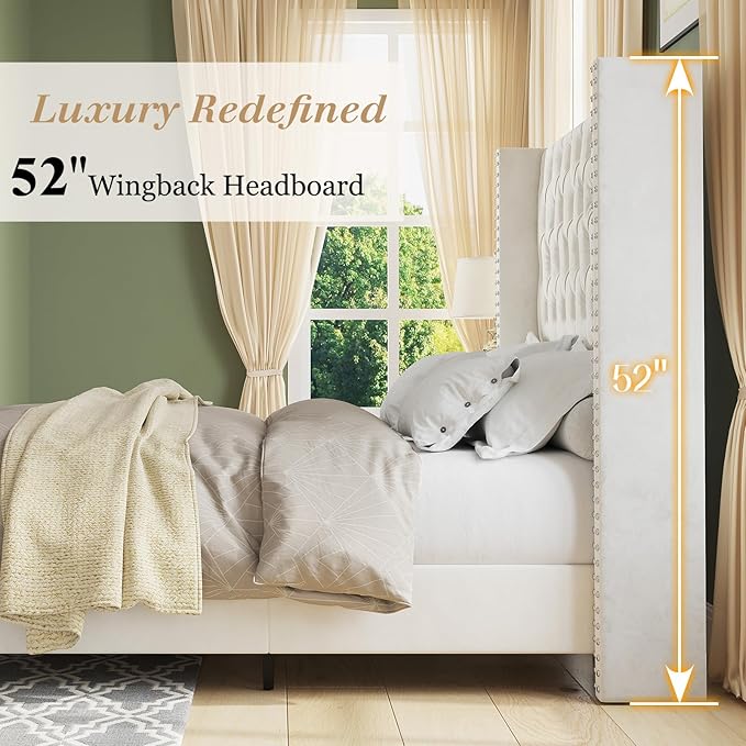 Jocisland King Upholstered Bed Frame with Tall Headboard Wingback Platform Bed Tufted Deep Button Velvet/No Box Spring Needed/Easy Assembly/Cream