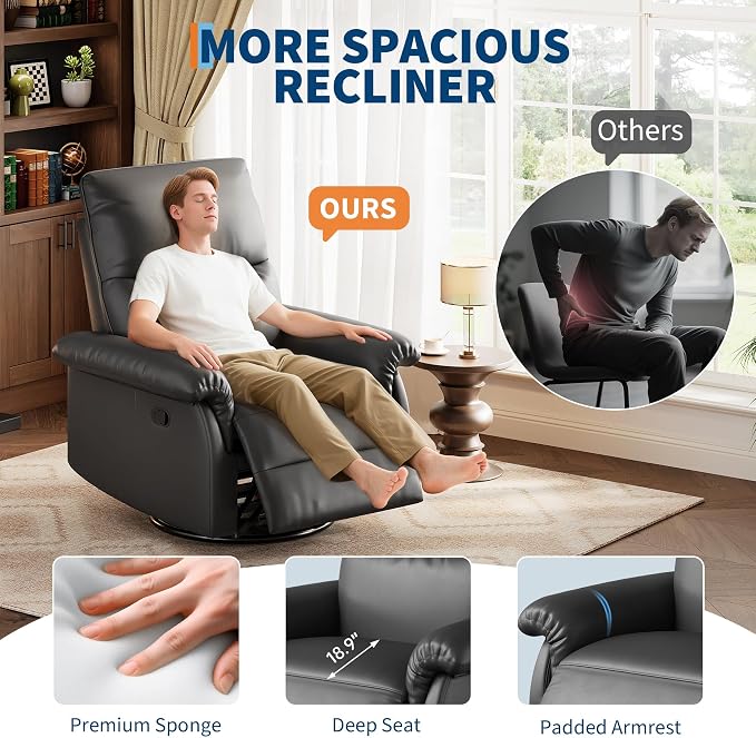 IDEALHOUSE Manual Recliner Chair, 360° Swivel Rocker Glider Recliner with Padded Armrests, Modern PU Leather Upholstered Reclining Chair for Living Room Bedroom and Nursery (Dark Black)