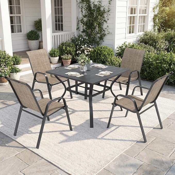 Outdoor Dining Set for 4,5pcs Patio Table and Chairs Set with Adjustable Umbrella Hole,37.8”x37.8” Square Metal Outdoor Table and Stackable Patio Chair for Yard, Garden, Porch