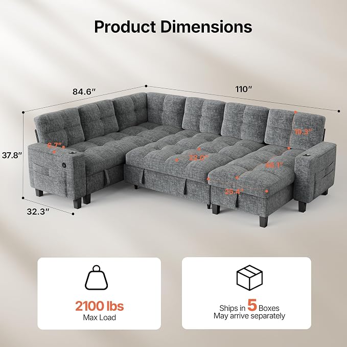 AMADA HOMEFURNISHING 110″ Modular Sectional Sleeper Sofa with Pull Out Couch, U Shaped 7 Seat Sectional Sofa with Storage, USB Ports & Cup Holders, Chenille Cloud Couches for Living Room, Light Gray