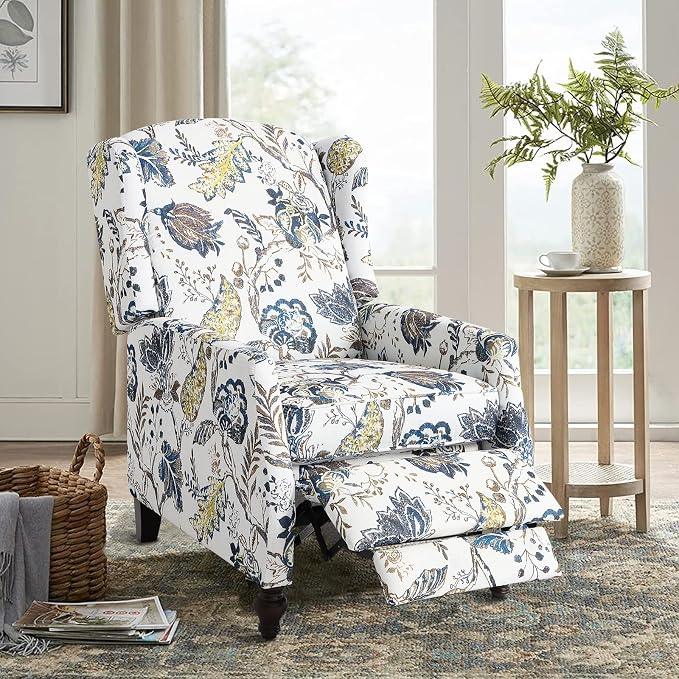 Upholstered Wingback Recliner Chair - Traditional Push Back Recliner Chair with Padded Seat, Fabric Floral Recliner Chair, Wingback Chair Small Recliners for Small Spaces