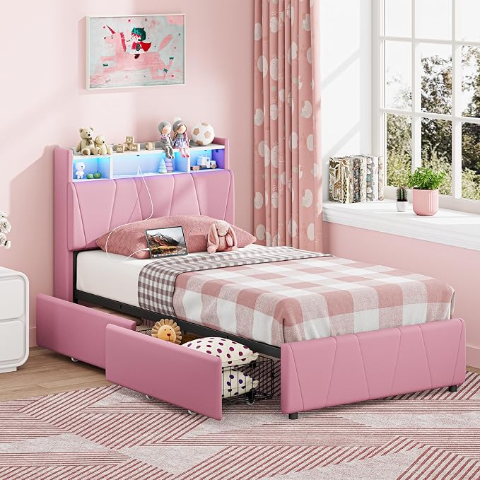 LIKIMIO Twin Bed Frame with 2 Storage Drawers, Charging Station & LED Lights, Upholstered Platform Twin Bed with Storage Headboard, Strong Wooden Slats, No Box Spring Needed, Easy Assembly, Pink