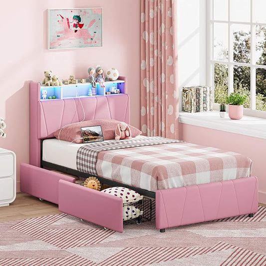 LIKIMIO Twin Bed Frame with 2 Storage Drawers, Charging Station & LED Lights, Upholstered Platform Twin Bed with Storage Headboard, Strong Wooden Slats, No Box Spring Needed, Easy Assembly, Pink