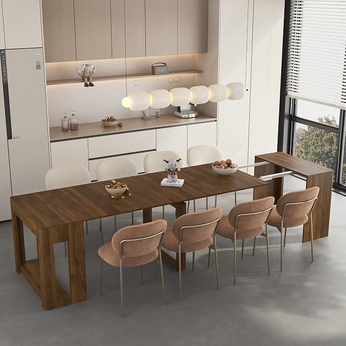 KEIKI Extendable Foldable Dining Table 29.9" to 108.7", Expandable Wooden Console Table for 1–10 People, Space Saving Multifunctional Kitchen Dining Desk, Rectangle Table for Small Spaces, Brown