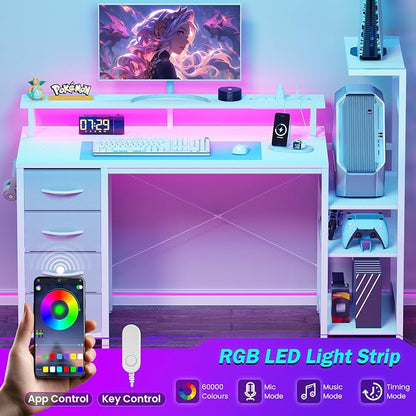 51 Inch Gaming Desk with LED Lights and Power Outlets, Computer Desk with Storage Shelves, Fabric Drawers, Monitor Stand & Side Hook, Reversible Gamer Table for Home Office, Carbon Fiber White