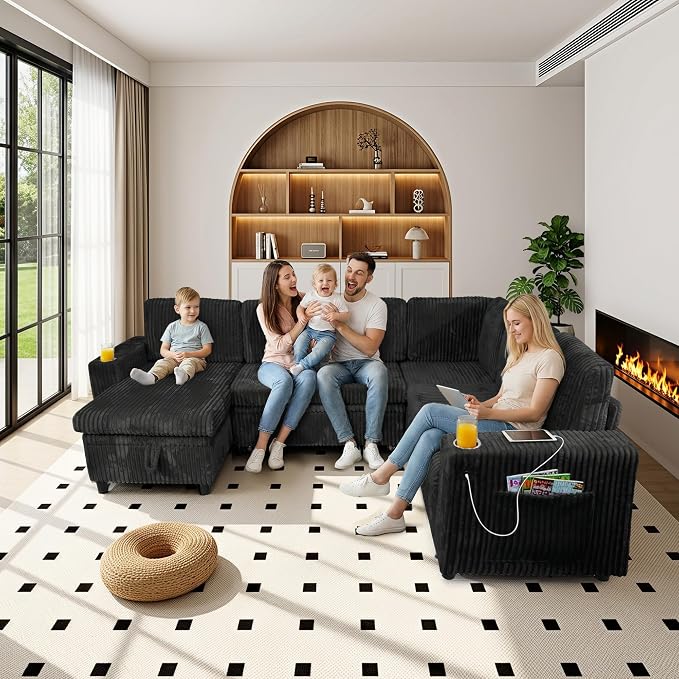 Sectional Sleeper Sofa with Pull Out Bed, 7-Seat L-Shaped, Black | Modular cloud couch with plush corduroy, hidden storage, USB charging, cup holders – Perfect for family movie nights