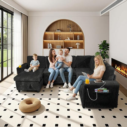 Sectional Sleeper Sofa with Pull Out Bed, 7-Seat L-Shaped, Black | Modular cloud couch with plush corduroy, hidden storage, USB charging, cup holders – Perfect for family movie nights