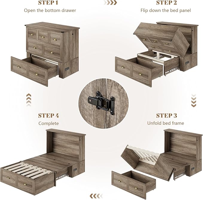 AMERLIFE Twin Size Murphy Bed, Farmhouse Wooden Cabinet with Charging Station and Storage Drawer for Bedroom/Office/Guest Room, Grey Oak
