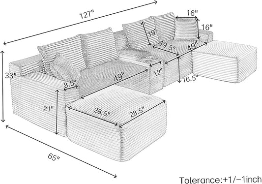 127" U-Shaped Cloud Sectional Couch Oversized Modular Compressed Boneless Sectional Sofa with Ottoman Chaise Lounges & Console, Plush Corduroy Boneless Symmetrical Sofa