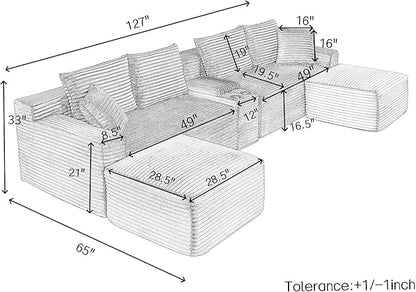127" U-Shaped Cloud Sectional Couch Oversized Modular Compressed Boneless Sectional Sofa with Ottoman Chaise Lounges & Console, Plush Corduroy Boneless Symmetrical Sofa