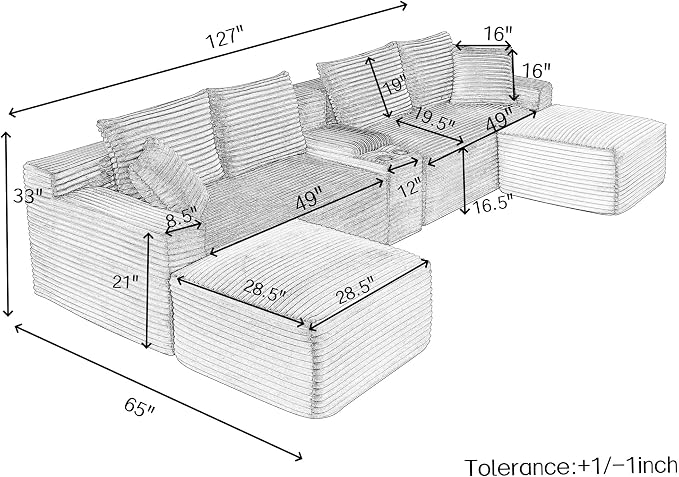 127" U-Shaped Cloud Sectional Couch Oversized Modular Compressed Boneless Sectional Sofa with Ottoman Chaise Lounges & Console, Plush Corduroy Boneless Symmetrical Sofa