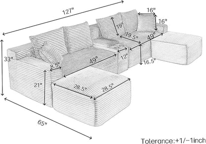 127" U-Shaped Cloud Sectional Couch Oversized Modular Compressed Boneless Sectional Sofa with Ottoman Chaise Lounges & Console, Plush Corduroy Boneless Symmetrical Sofa