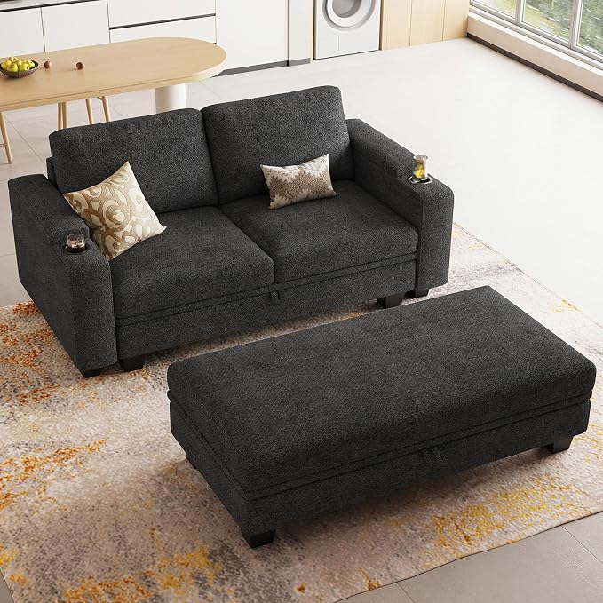 Belffin Sectional Sofa Bed with Storage Ottoman Small Modular Couch with Cup Holder Apartment Couch Dark Grey