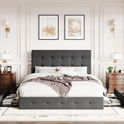 SHA CERLIN Upholstered Queen Size Platform Bed Frame with 4 Storage Drawers, Adjustable Headboard with Square Stitched Button Tufted Design, Wooden Slat Support, No Box Spring Needed, Dark Grey