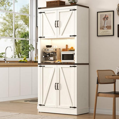 72" Tall Farmhouse Kitchen Pantry Cabinet with LED Light and Power Outlet,Modern Farmhouse Kitchen Storage Cabinet w Load-Bearing Steel Pipe,Barn Doors, Organizer,Food Pantry Cabinets(White)