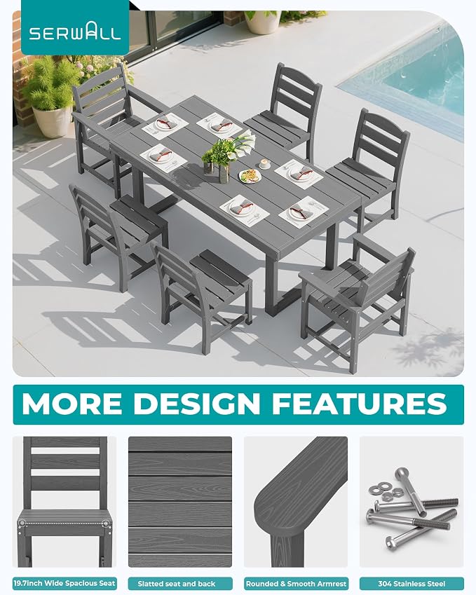 SERWALL HDPE Outdoor Dining Set for 6, 67'' Patio Table and Chairs Set | with Armless Seat