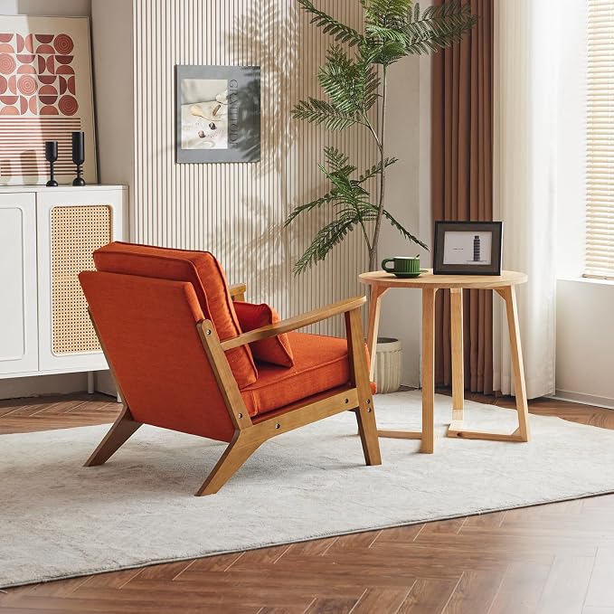 Karl home Mid-Century Lounge Accent Chair, Burnt Orange | Wide Curved Armrest, Linen Fabric, Lumbar Pillow Included, Solid Wood Frame, For Living Room, Bedroom, Balcony, Apartment