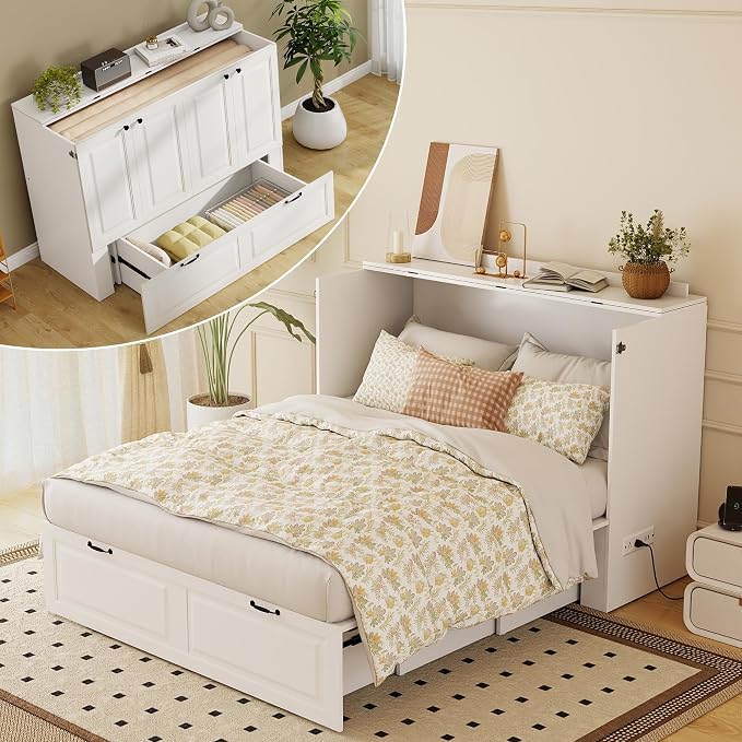 Full Murphy Bed Cabinet: White Cabinet Bed with Charging Station, Cube Murphy Beds with Drawers, Modern Hidden Beds for Small Spaces, Guest Room and Office