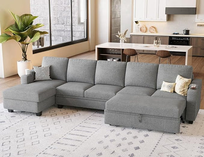 Belffin Modular Sectional Sleeper Sofa Bed with Storage Chaise L Shaped Sectional Couches for Living Room Armrest with Cup Holder. Light Gery Couch