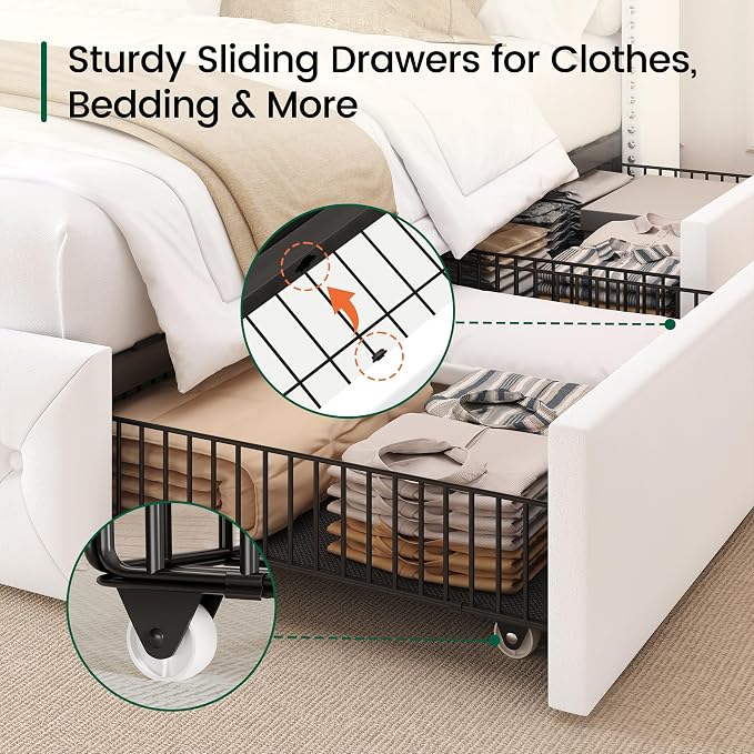 LARMACE Queen Size Bed Frame with LED Lights and 4 Storage Drawers Velvet Upholstered Platform Bed Frame with 47.2" Tall Tufted Headboard Wingback, No Box Spring Needed, Easy to Assemble, White