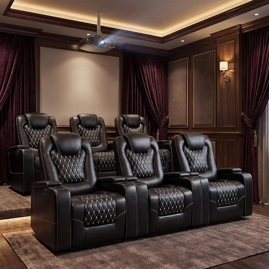 ANJ Power Recliner Chair Set of 6, Electric Soft Faux Leather Reclining Home Theater Seating - USB Ports, Cup Holders, Hidden Arm Storage Movie & Media Room Chairs (Black)