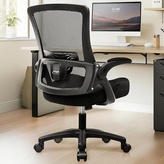 NEO CHAIR Office Desk Gaming Chair Computer High Back Mesh Seat with Rolling Wheels Ergonomic Adjustable Comfy Flip-up Armrests Lumbar Support Height for Home (Black)