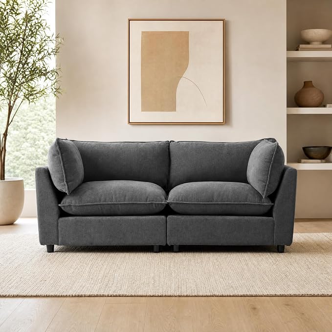 Iroomy Modular Sectional Sofa, Oversized Chenille Cloud Couch, Deep Comfy Seat, 2-Seater Sofas Couches for Living Room, Dark Grey, High Feet