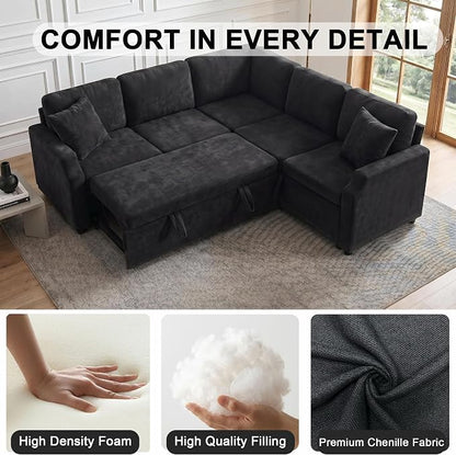 ROCANT 82 inch Modular Sectional Couch with Pull Out Bed, 5-Seat L-Shaped Chenille Sleeper Sofa with Reversible Chaise and 2 Pillows, Black