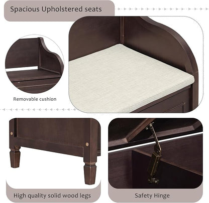 Knocbel Rustic Entry Storage Bench with Hidden Compartments and Removable Cushion, Wooden Entryway Hallway Foyer Shoe Bench Bedroom End of Bed Bench, 250lbs Weight Capacity (Espresso)